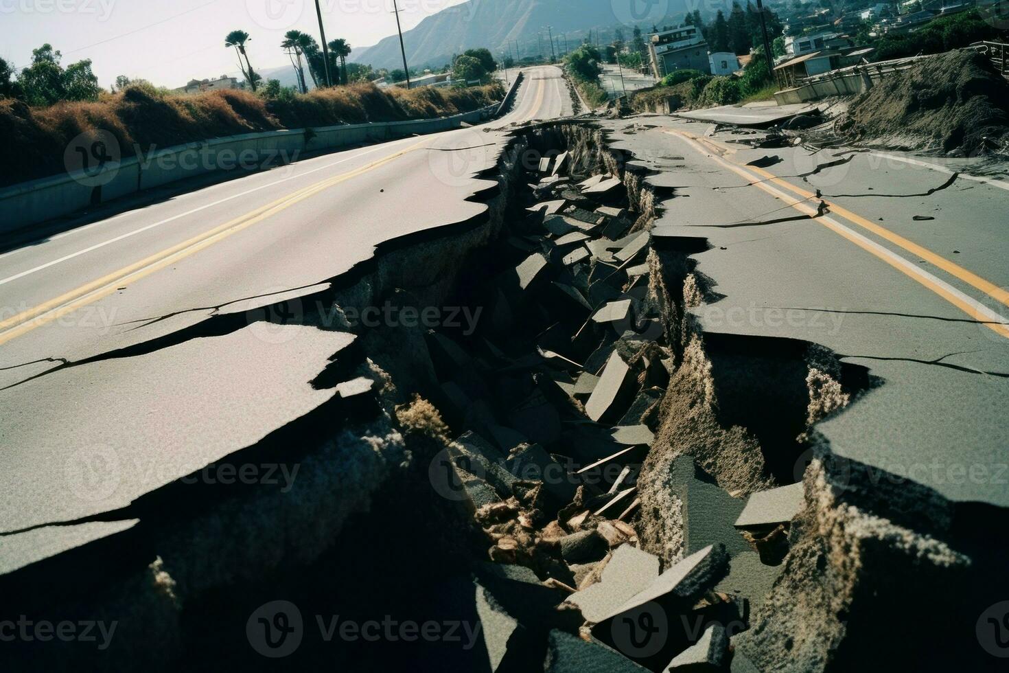 fragmentado grietas la carretera después terremoto. generar ai foto