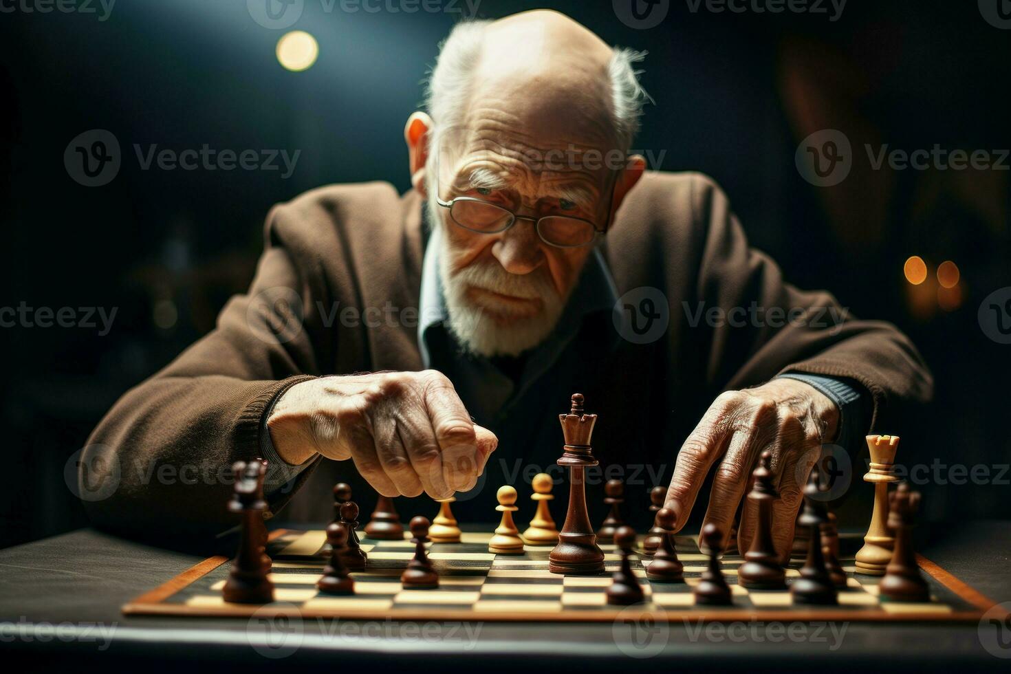 Serene Elder man home chess. Generate Ai photo
