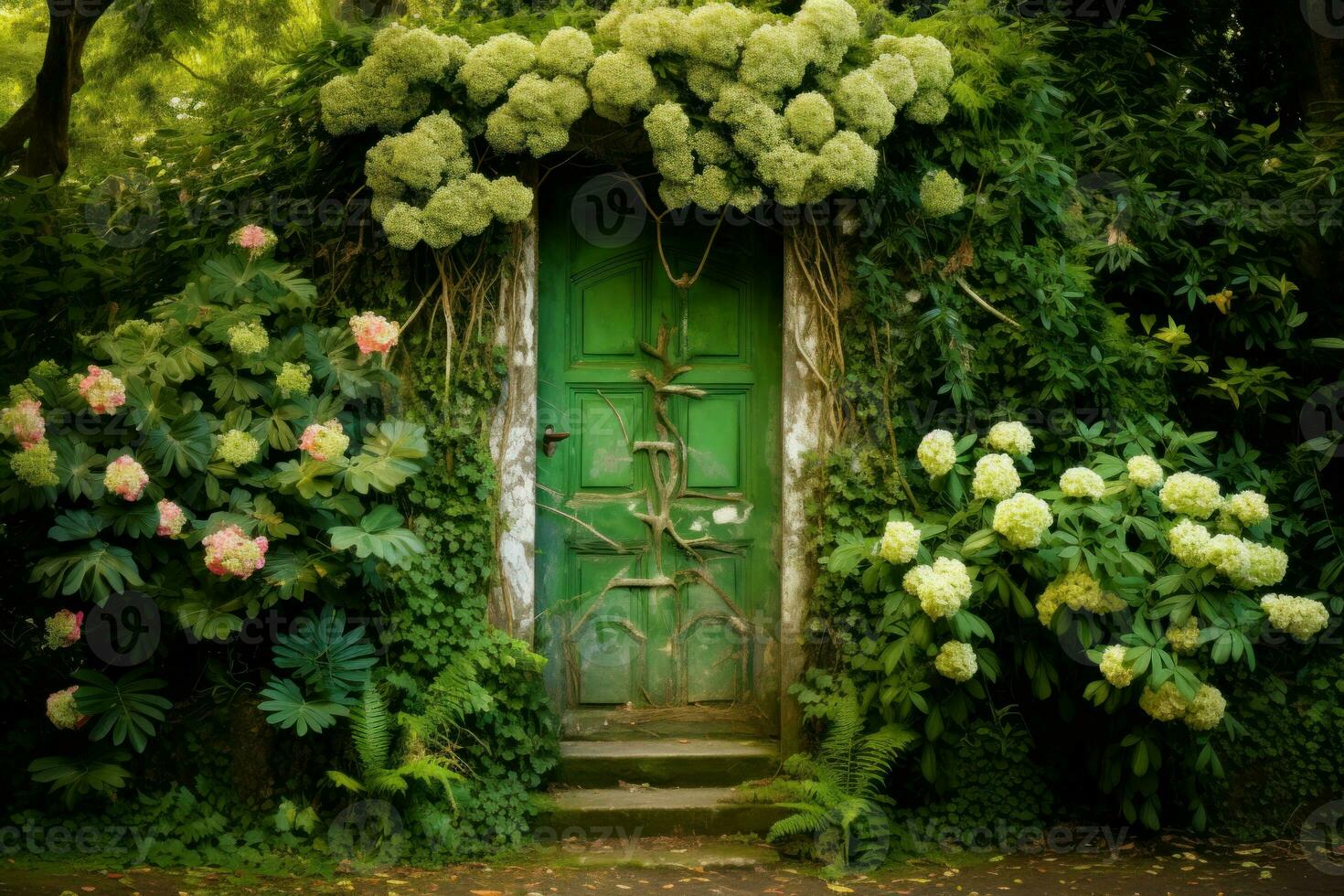 robusto puerta verde jardín. generar ai foto