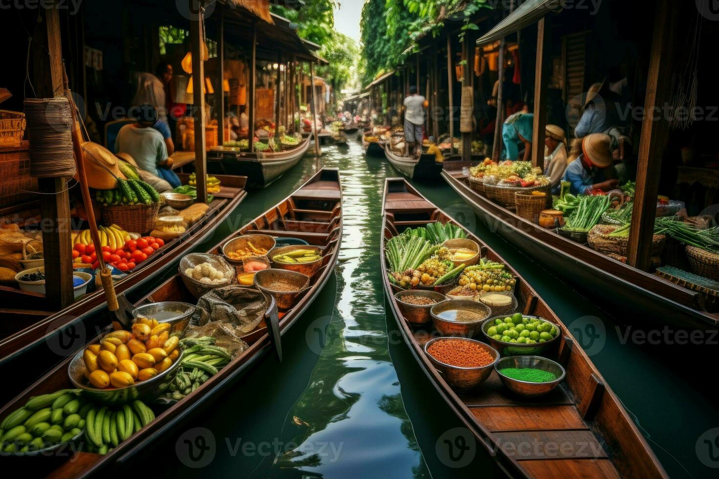 Floating food market river. Generate Ai photo