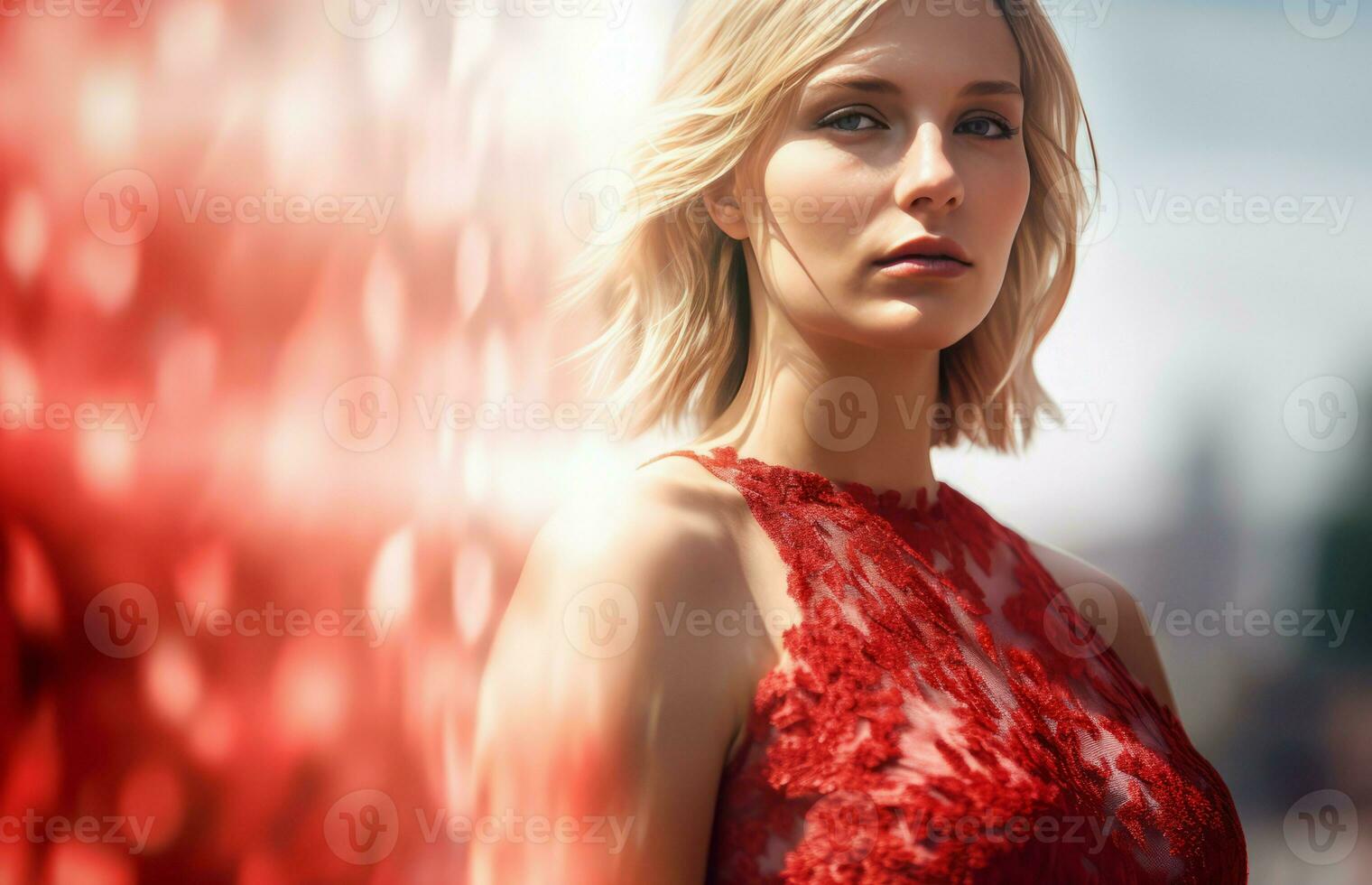 Blonde red dress. Generate Ai photo