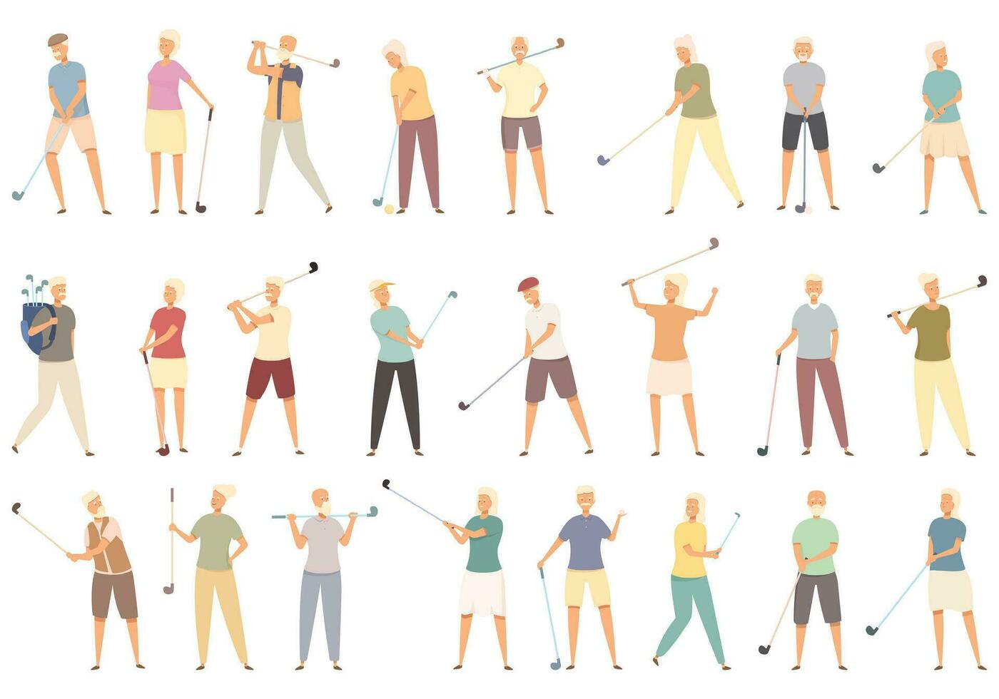 mayor personas jugando golf íconos conjunto dibujos animados vector. adulto personaje vector
