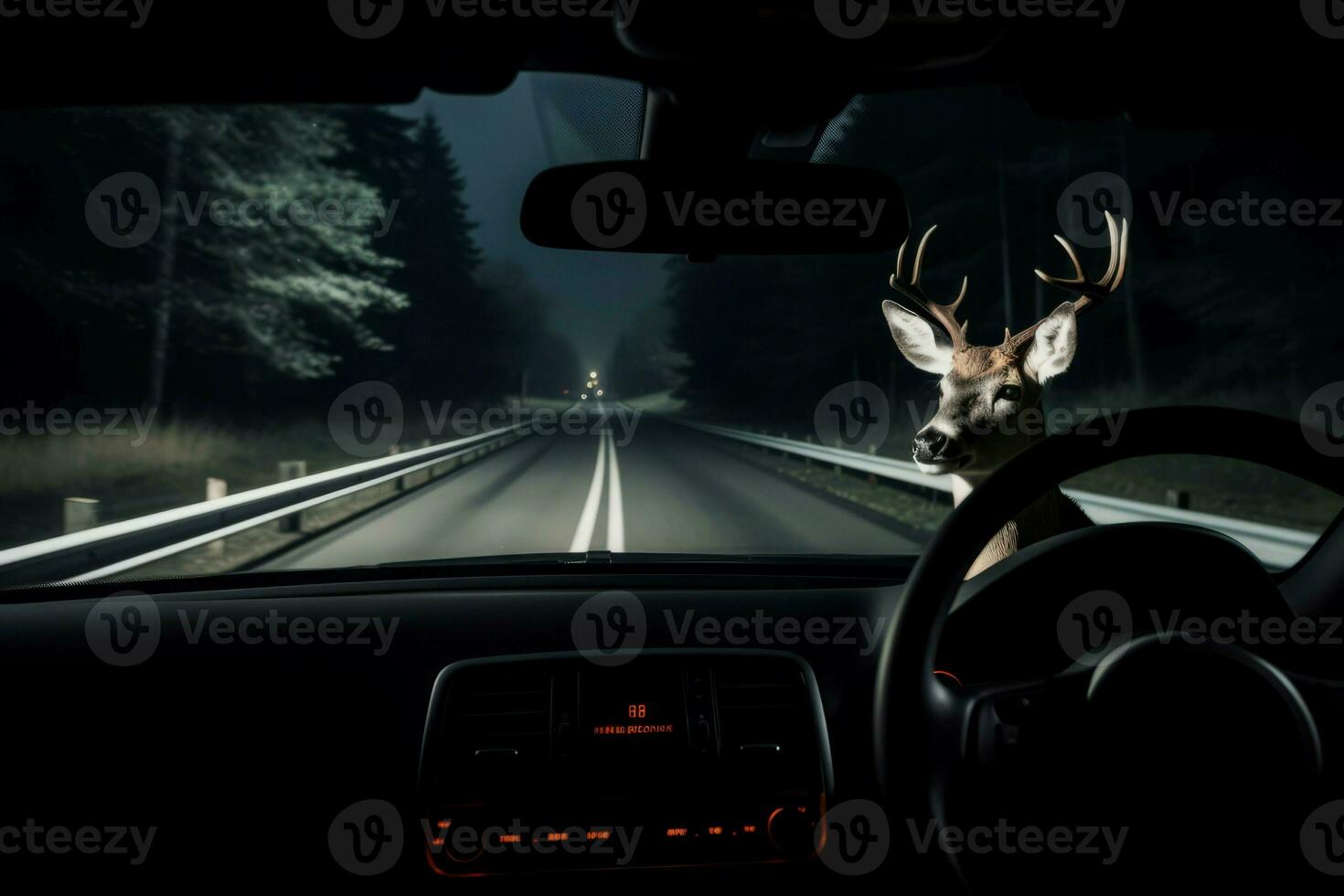 Deer at night car travel road. Generate Ai photo