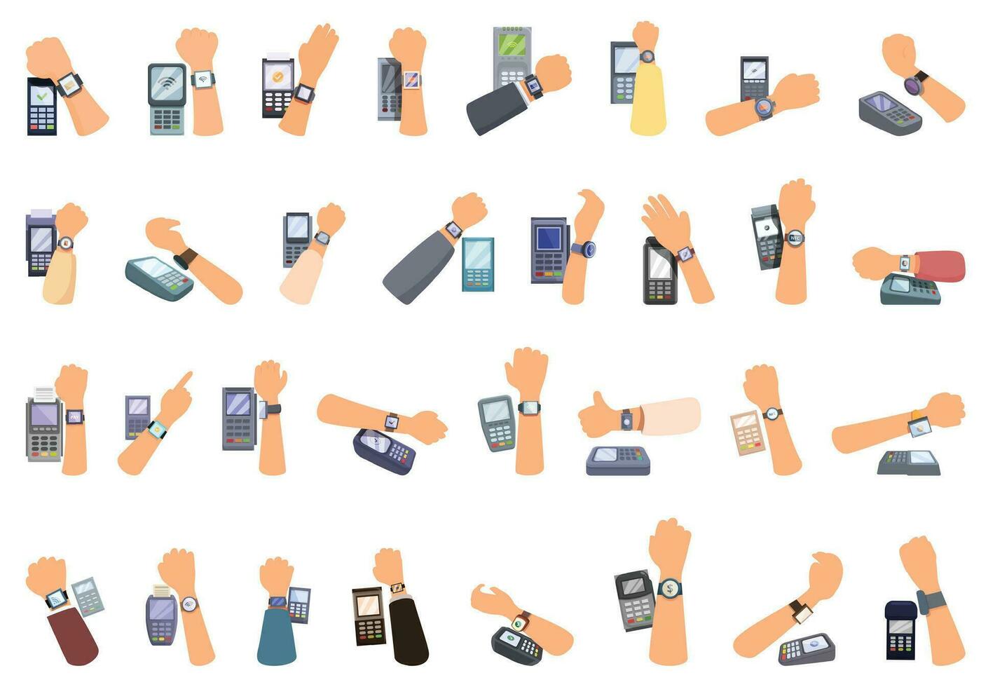 Payment with smart watches icons set cartoon vector. Nfc reader vector