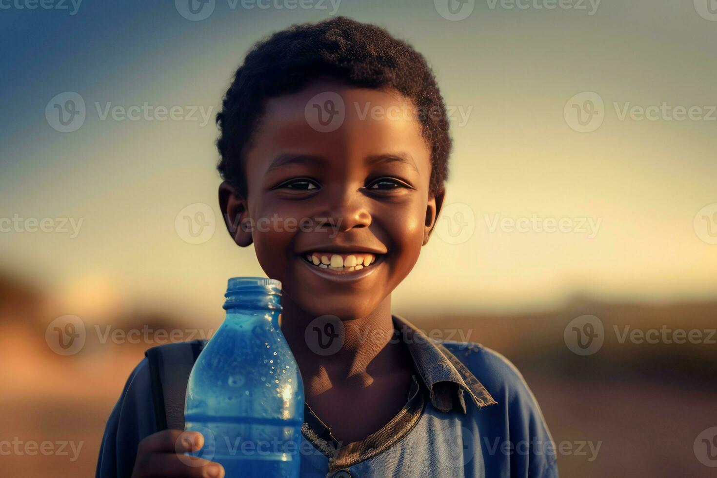 africano chico contento con agua botella. generar ai foto