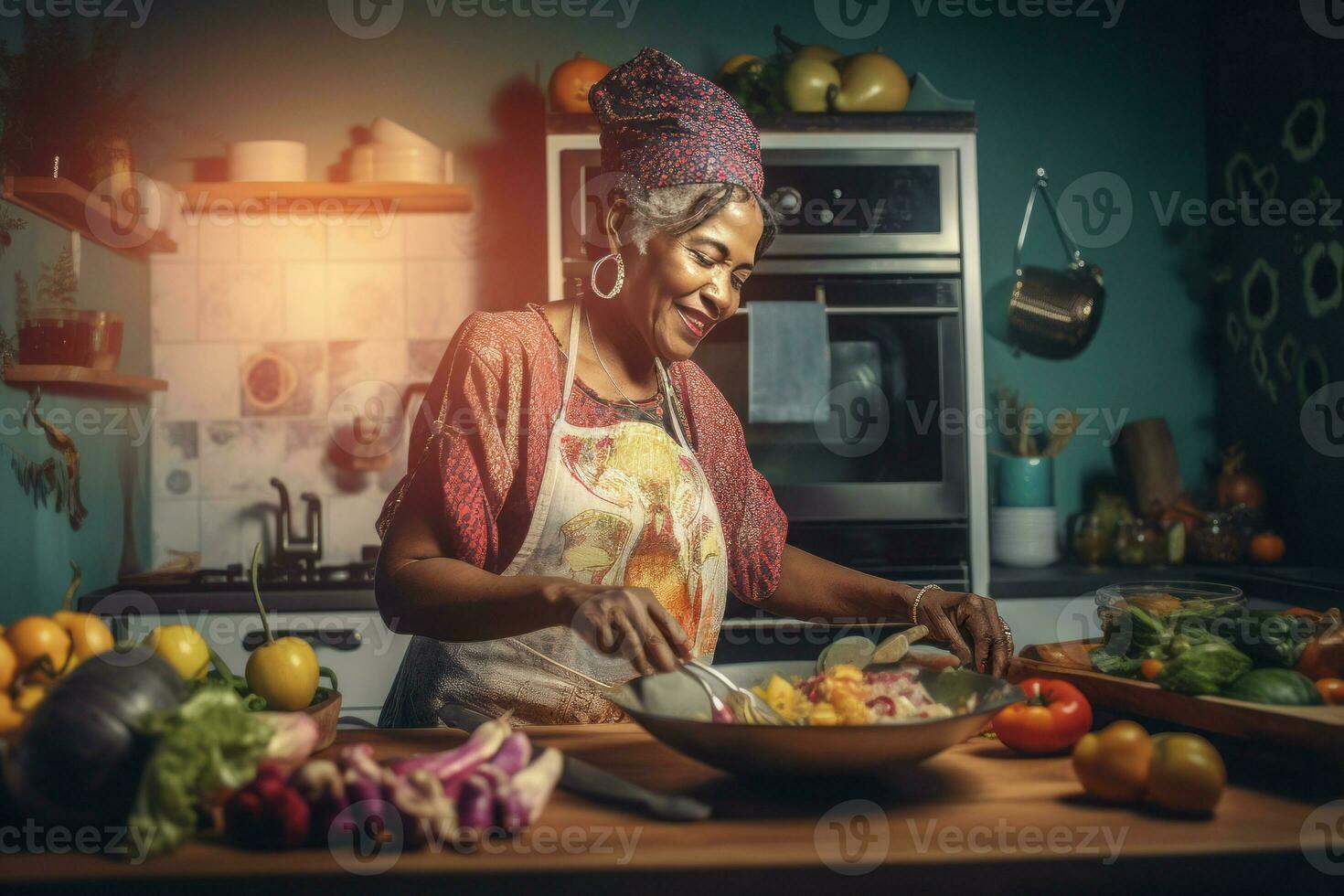 negro maduro mujer cocineros a cocina. generar ai foto