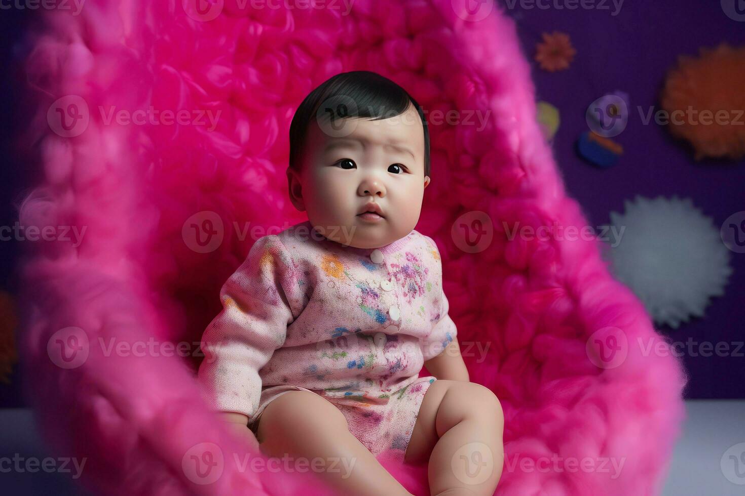 Baby dressed pink sofa. Generate Ai photo