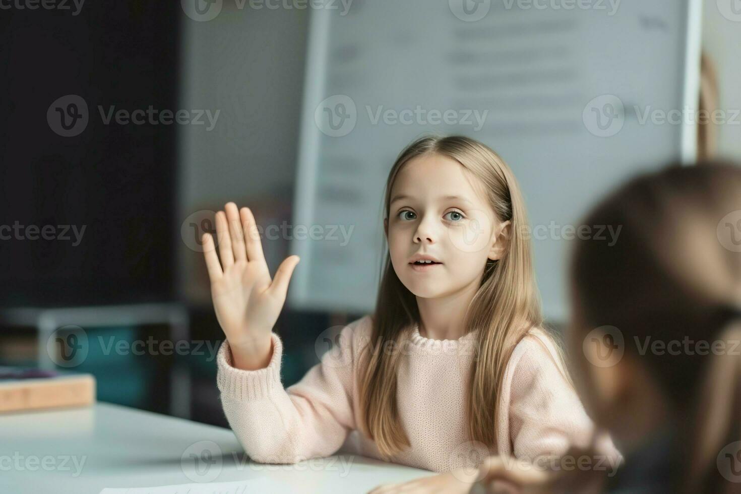Girl classroom hand answer. Generate Ai photo