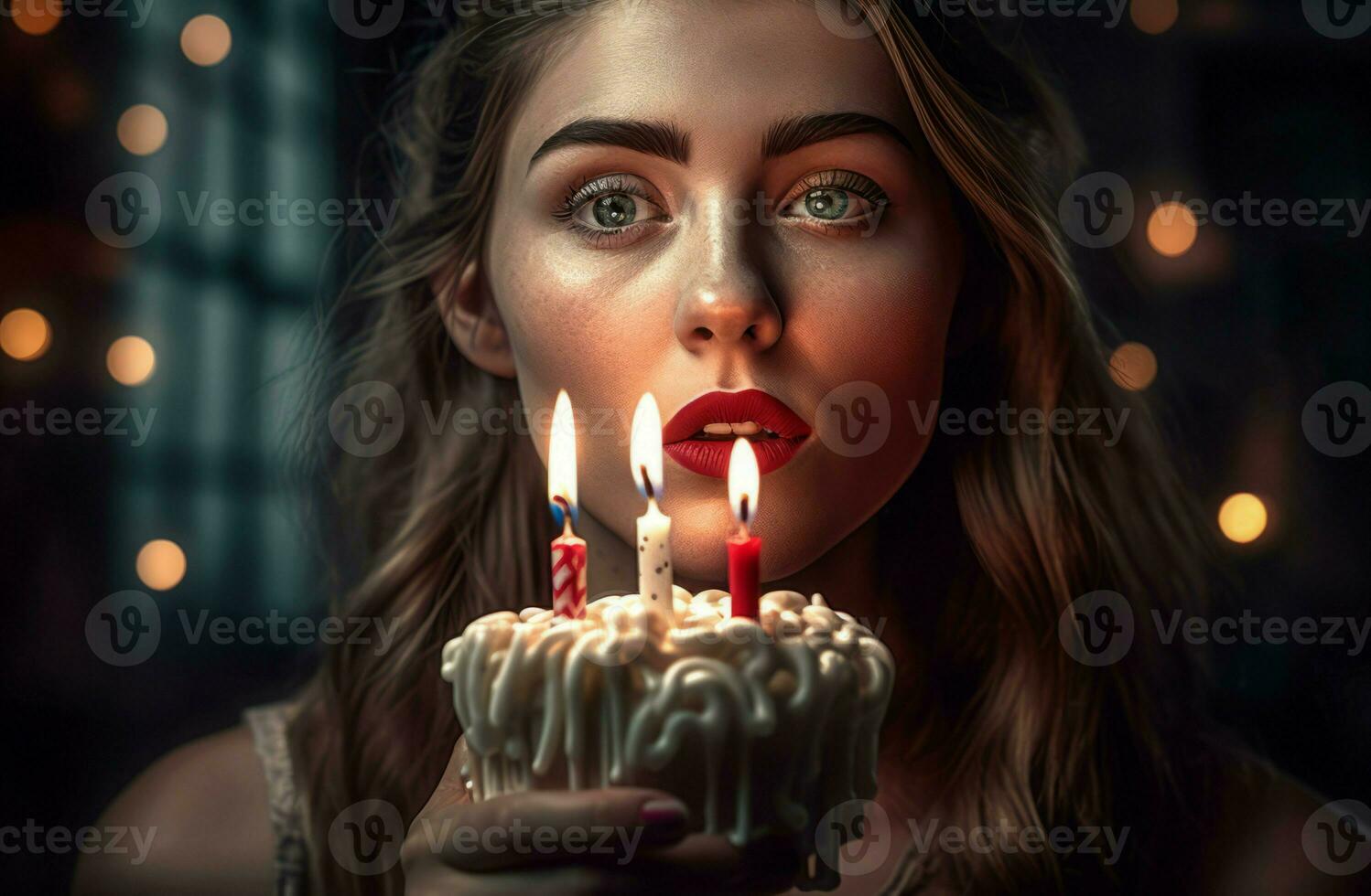 Woman lips blowing candle birthday. Generate Ai photo