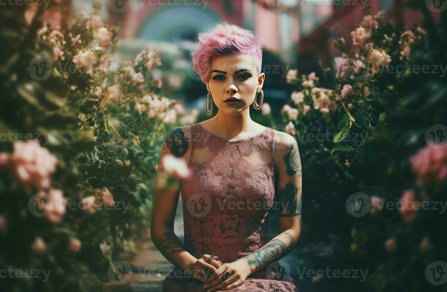 punk mujer rosado vestido. generar ai foto