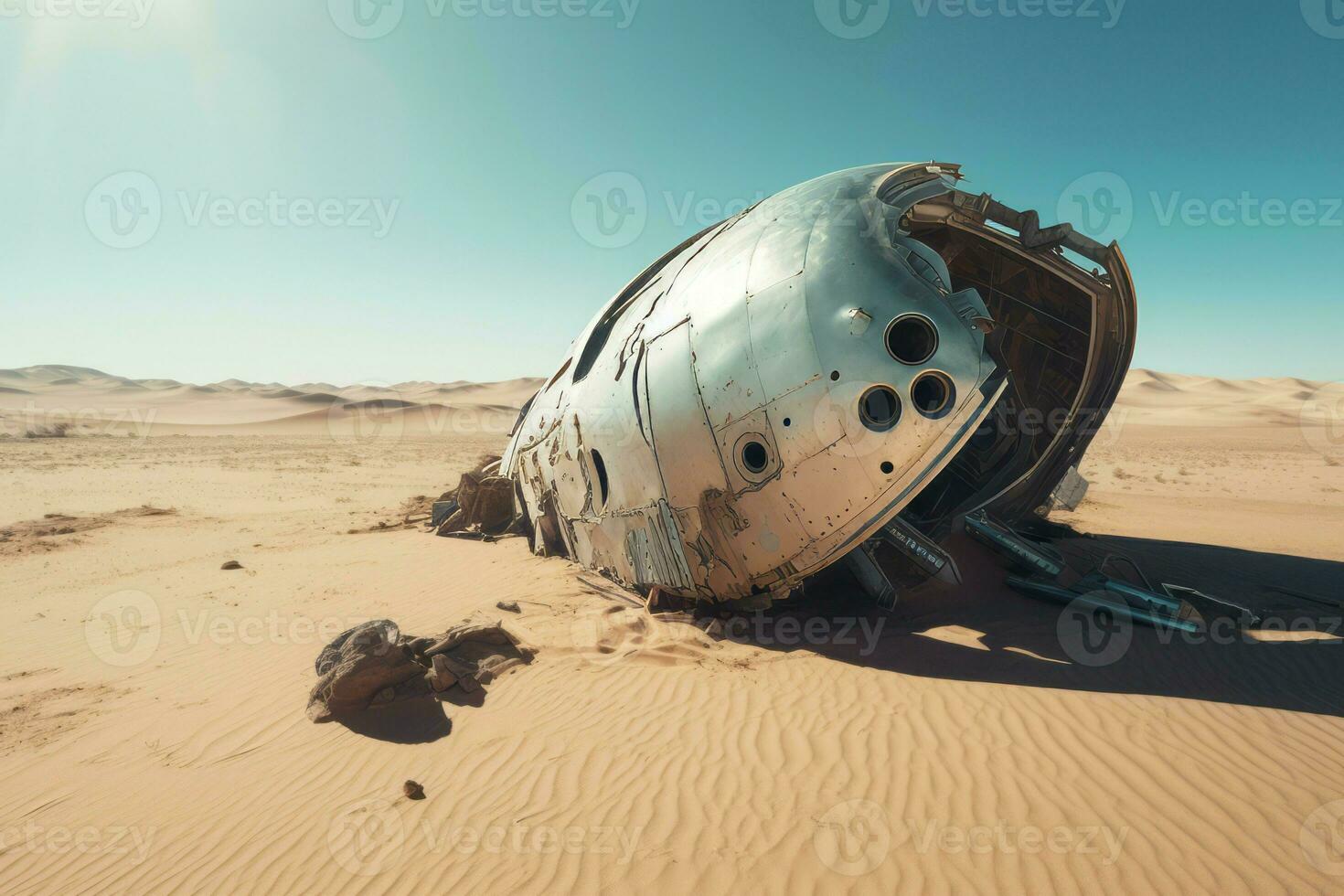 Crashed ufo spacecraft desert. Generate Ai photo