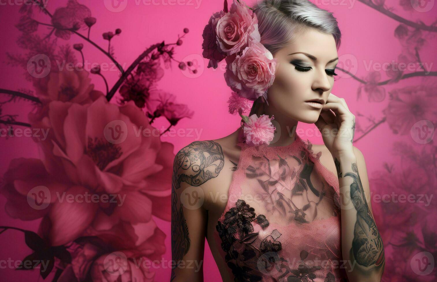 Punk woman pink flowers background. Generate Ai photo