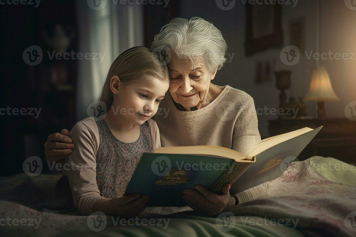 Grandmother reading with girl at bedroom. Generate Ai photo