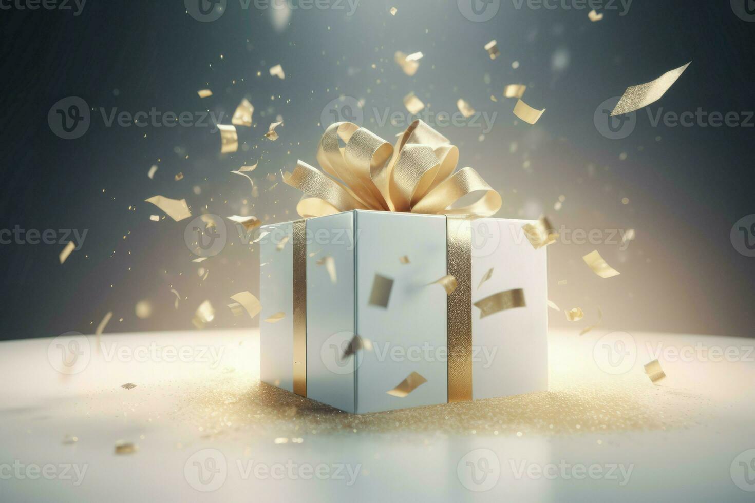 Golden ribbon gift box confetti. Generate Ai photo