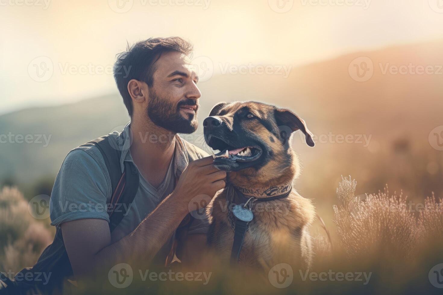 Man smiling dog friends. Generate Ai photo