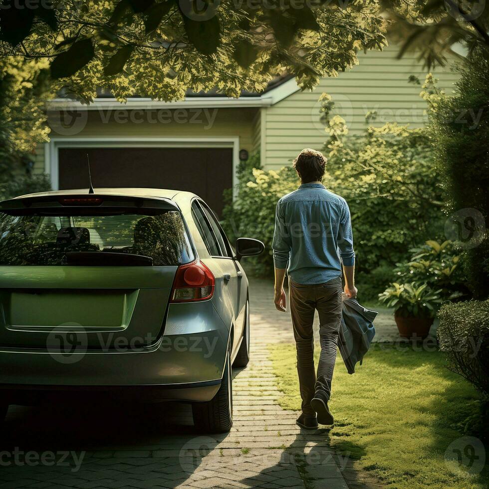 hombre abre coche puerta bandera. generar ai foto