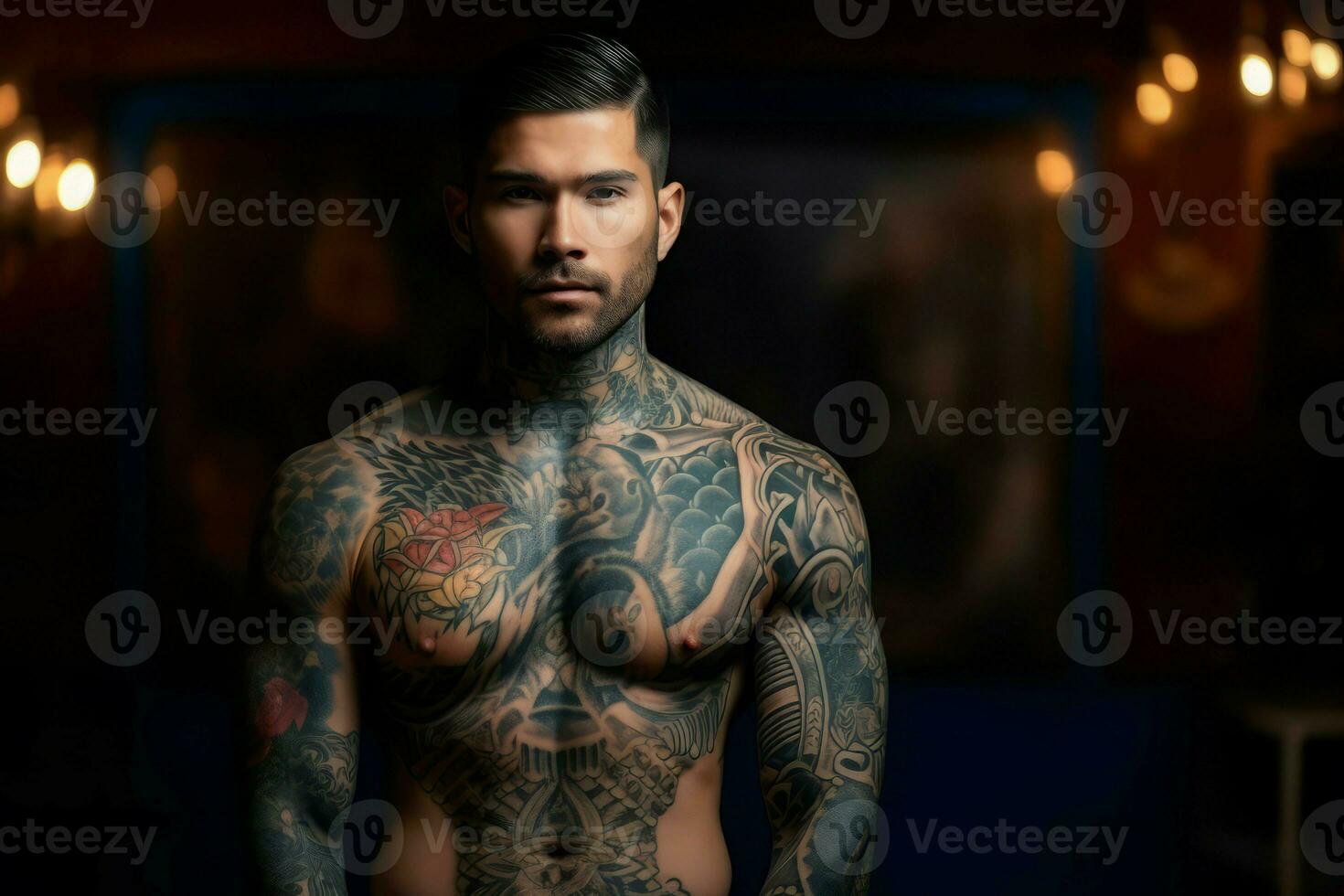 Man tattoos muscle. Generate Ai photo