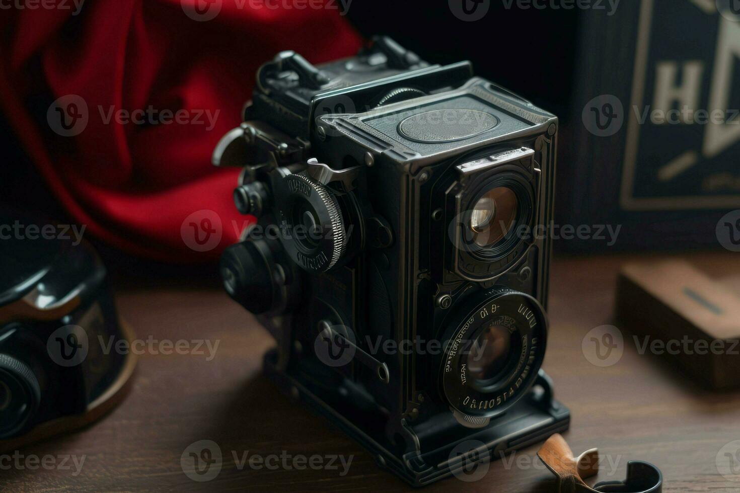 Old camera closeup table. Generate Ai photo