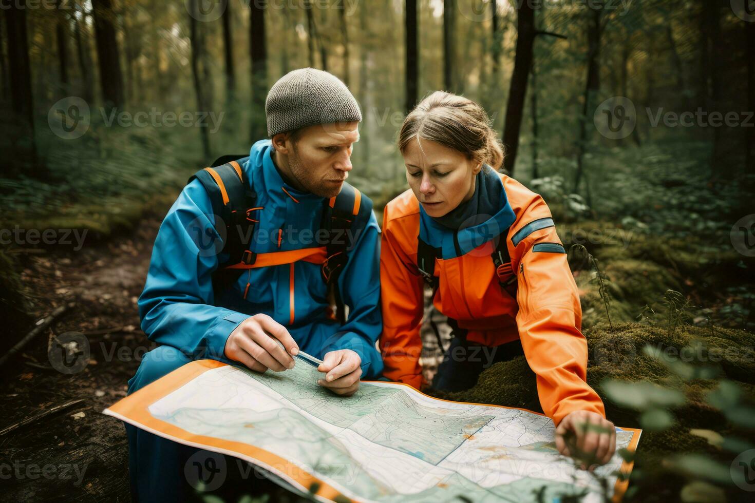 Russian couple hiking. Generate Ai photo