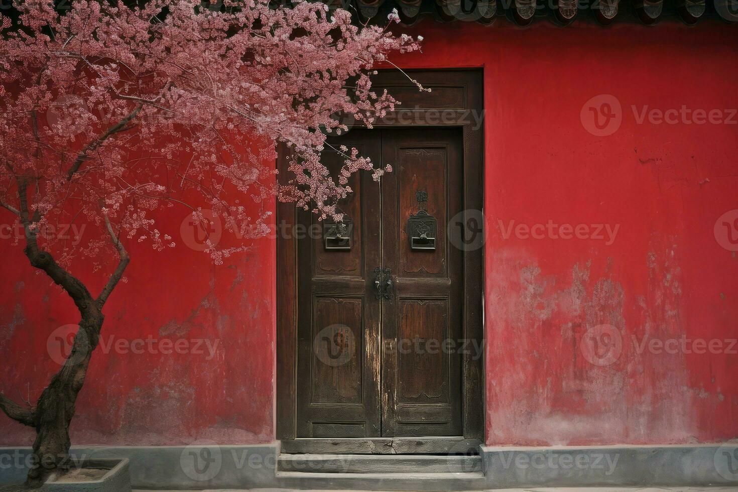 Sakura red wall door. Generate Ai photo