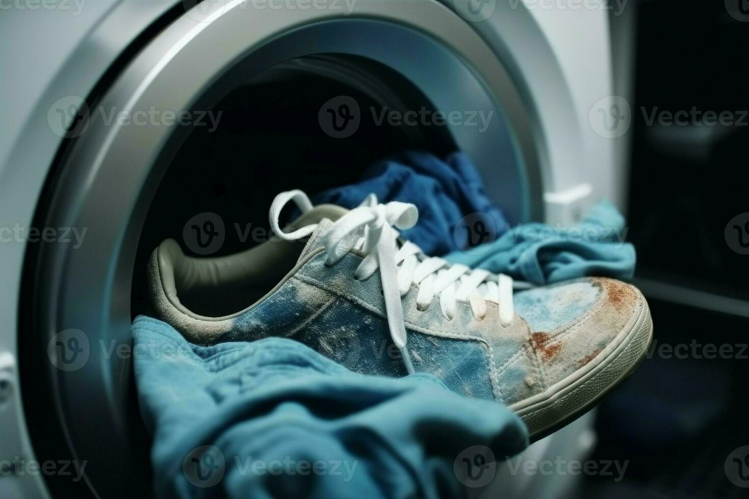 Sneakers dirty socks wash machine. Generate Ai photo