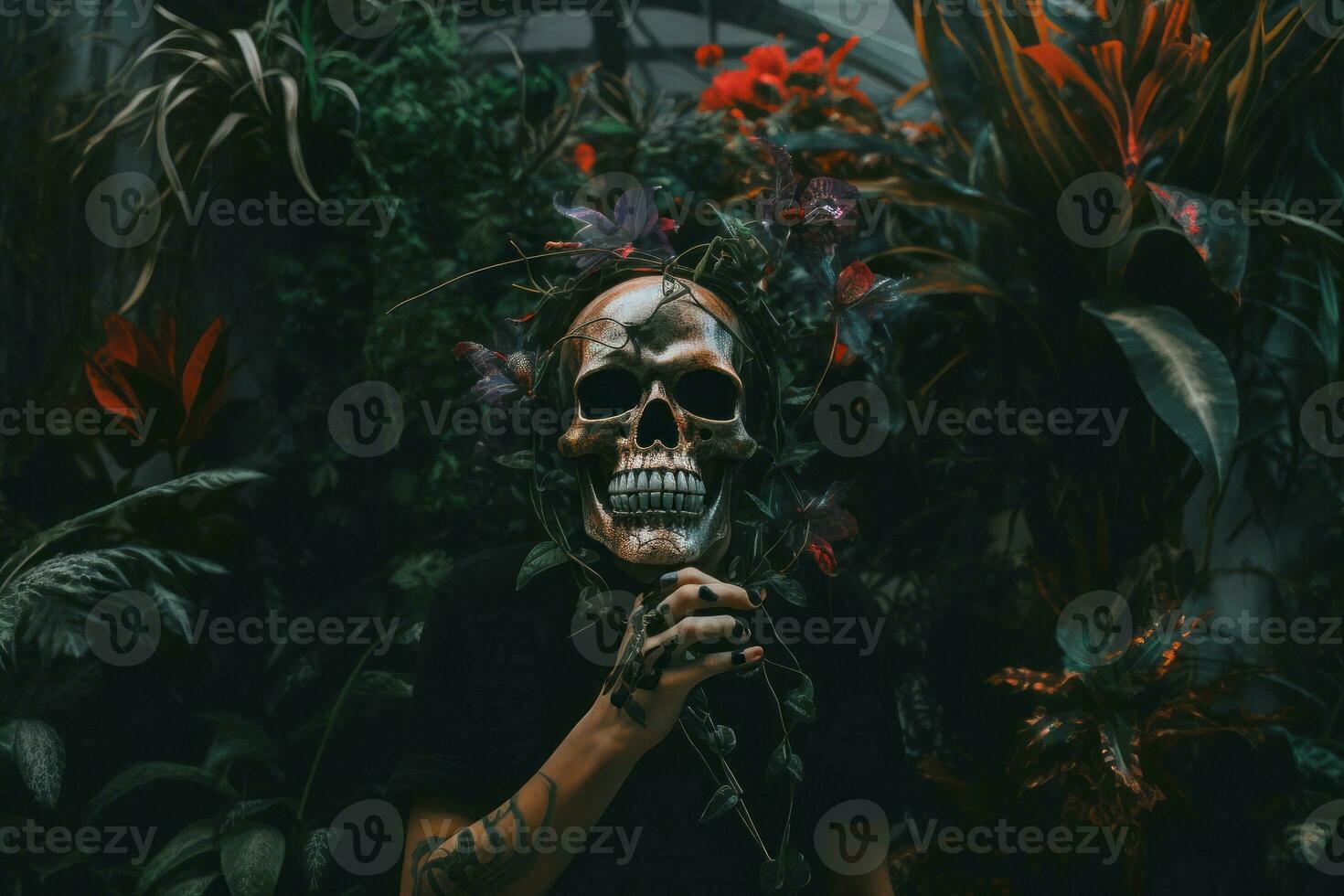 Skull mask flowers. Generate Ai photo