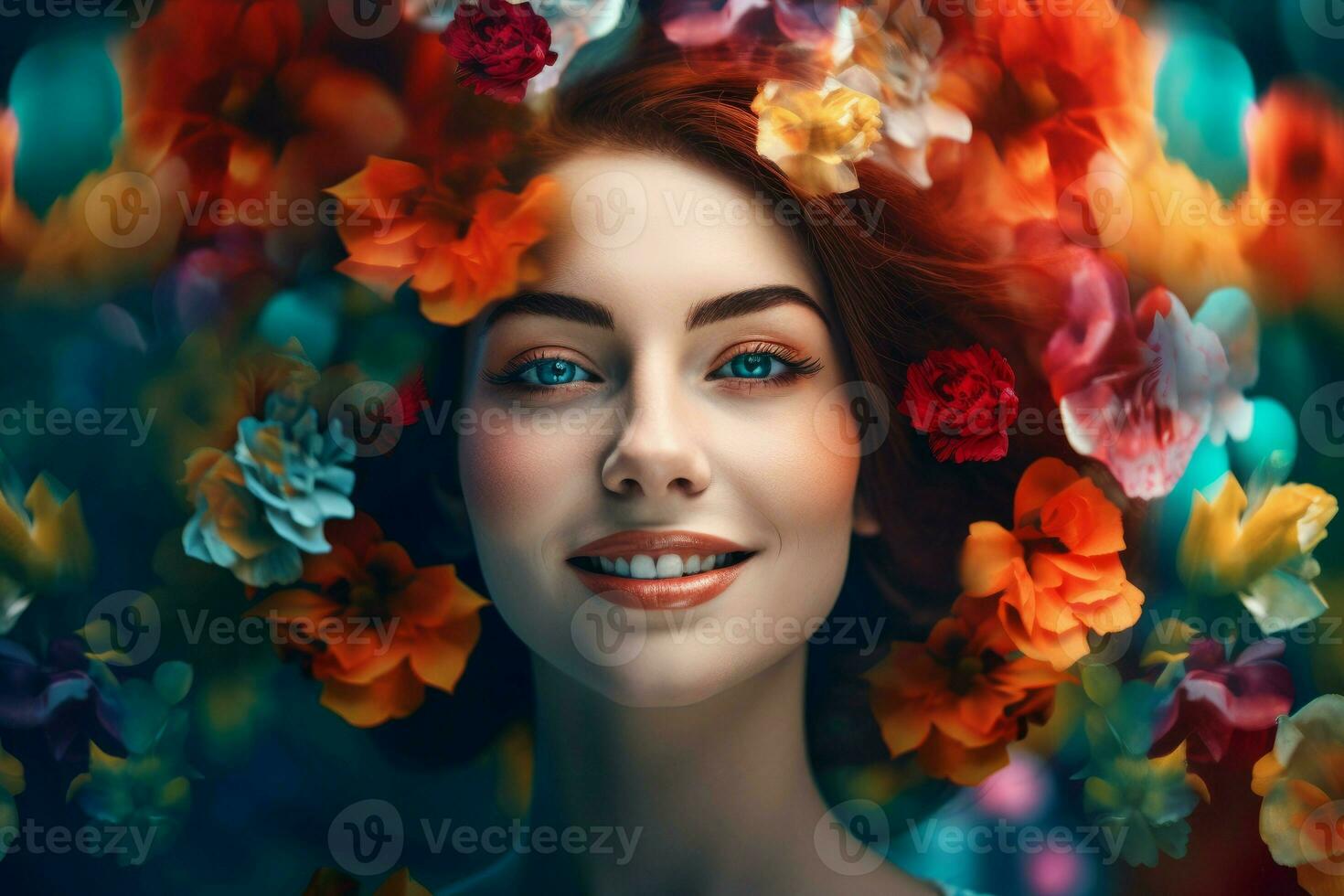 Woman face flowers head. Generate Ai photo