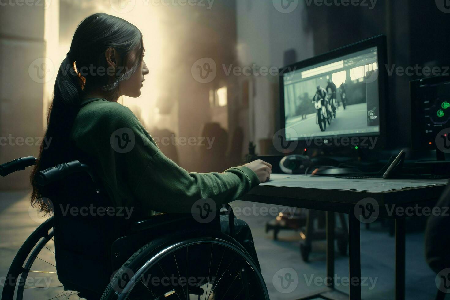 Woman wheelchair working computer. Generate Ai photo