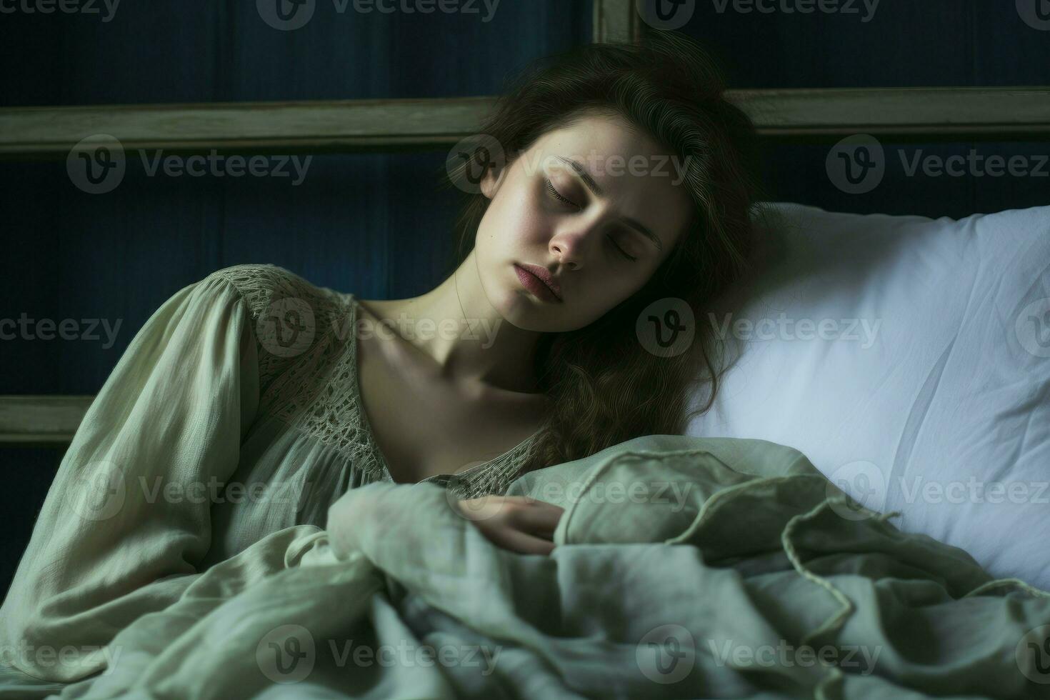 joven enfermo mujer en cama a hogar. generar ai foto