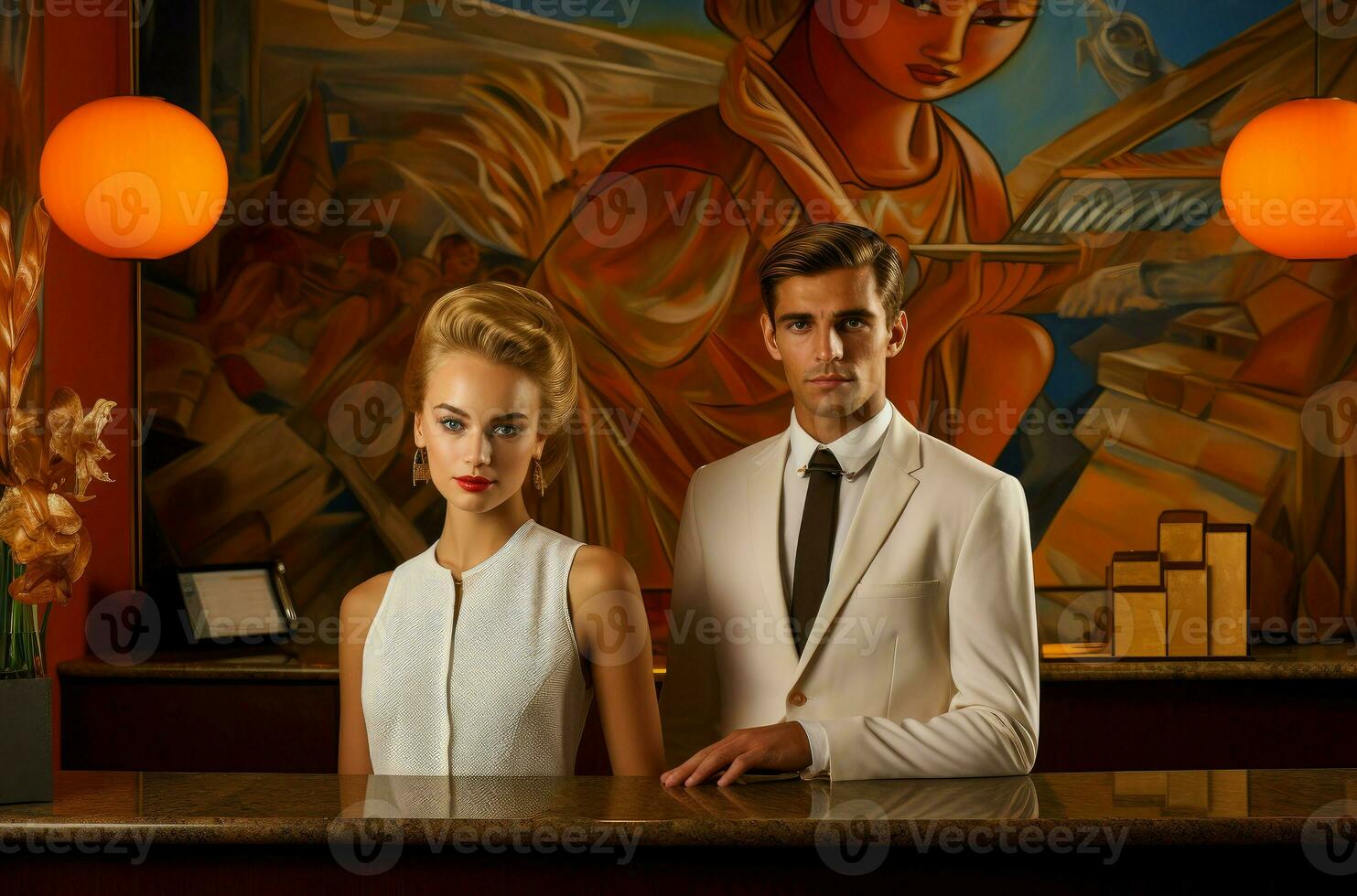 Young couple reception desk hotel. Generate Ai photo