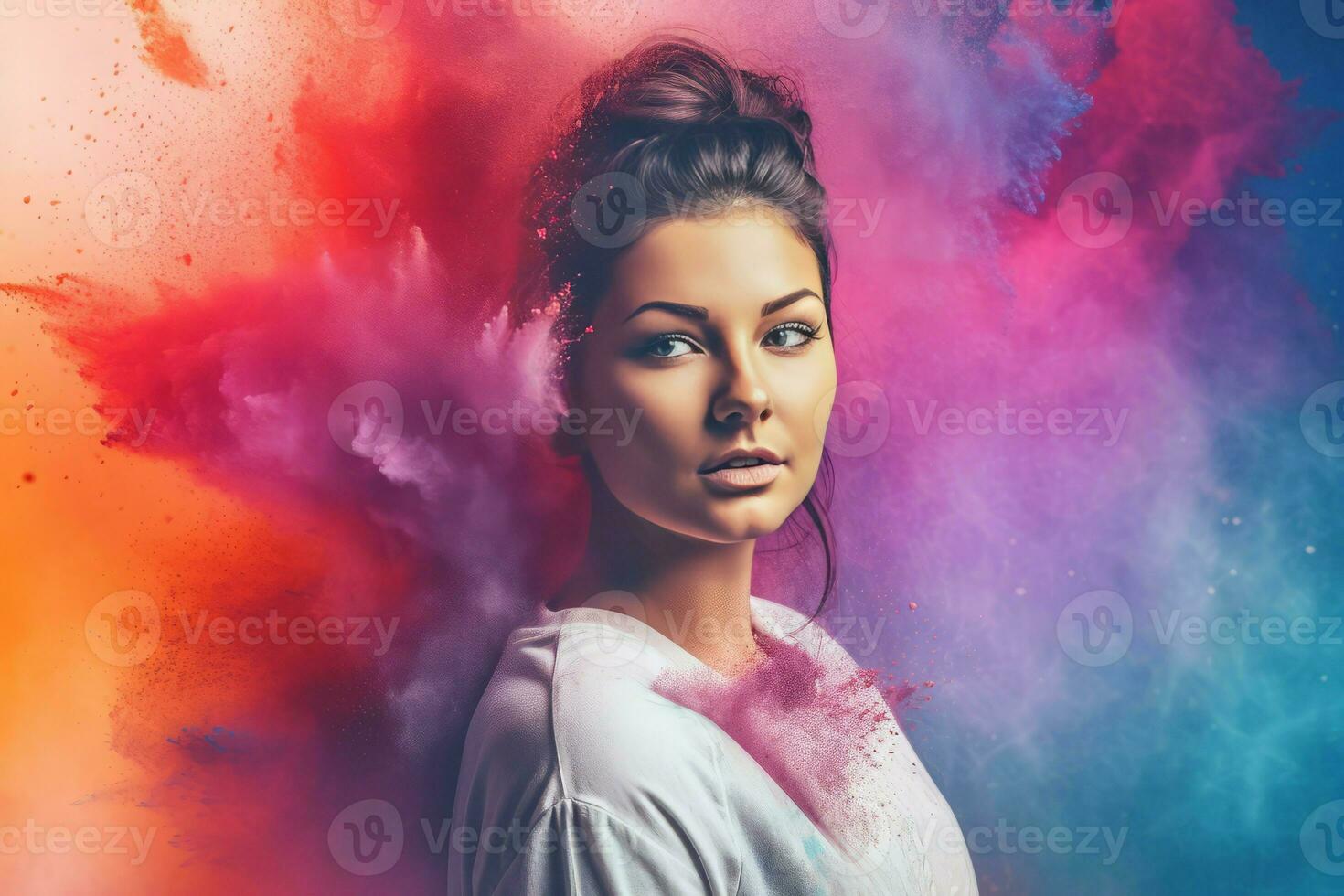 Woman beauty explosion colorful powder. Generate Ai photo