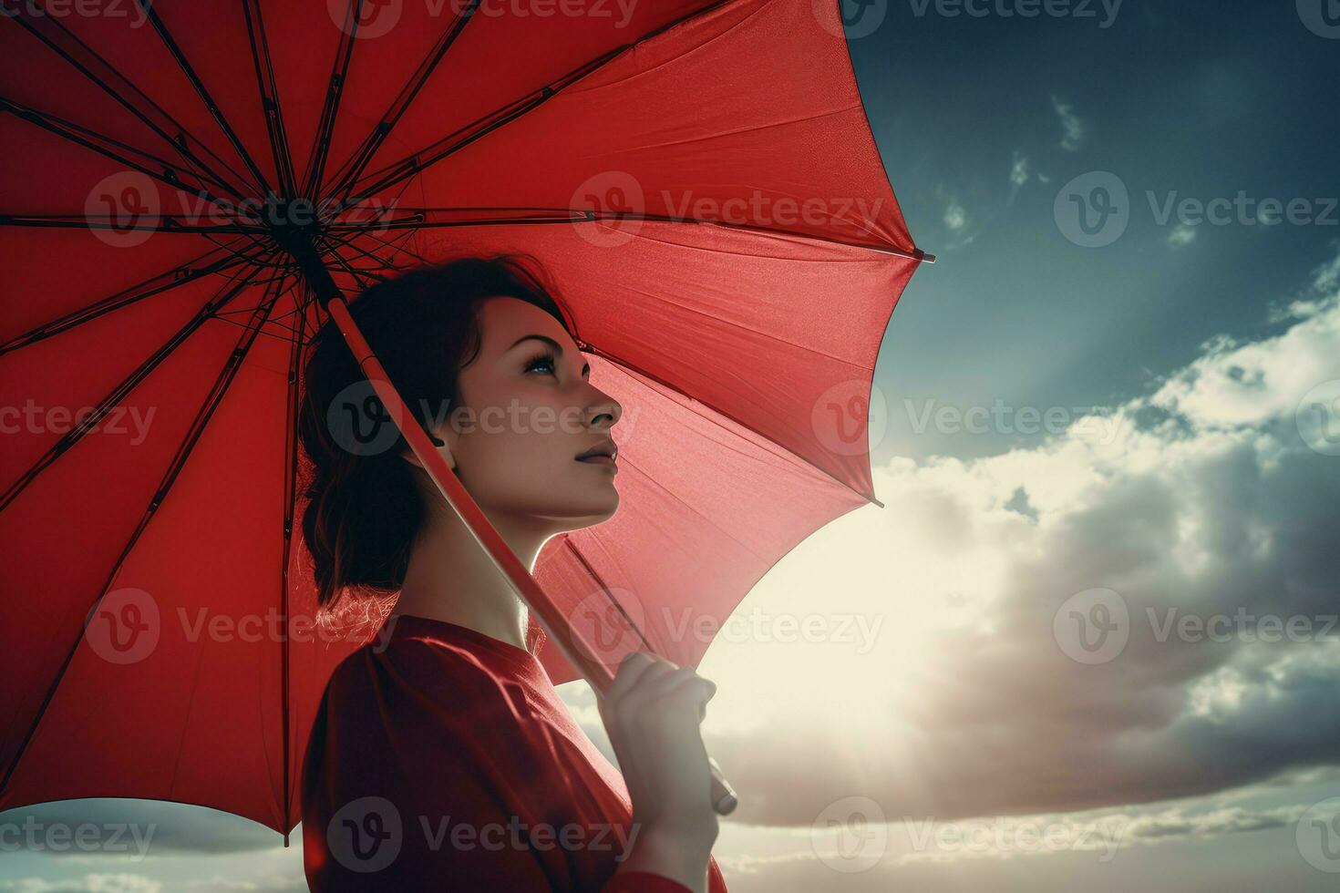 Woman holding umbrella. Generate Ai photo