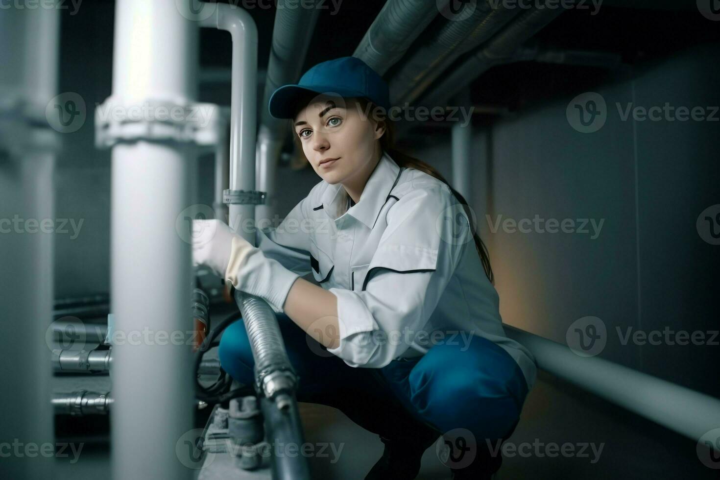Woman plumber pipes. Generate Ai photo