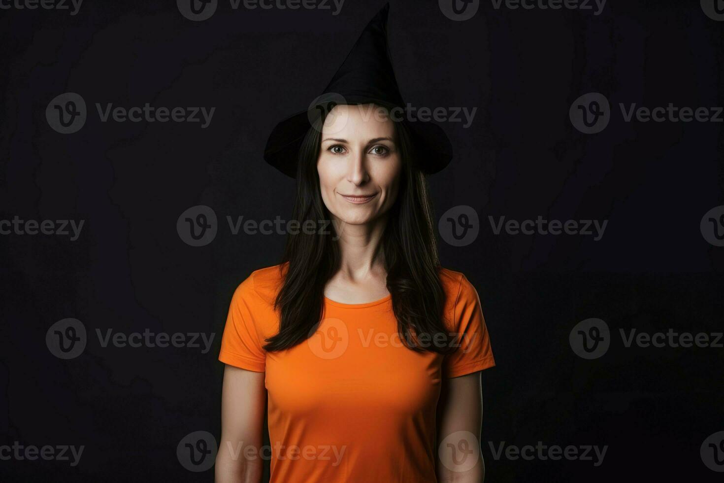 Woman orange suit model. Generate Ai photo