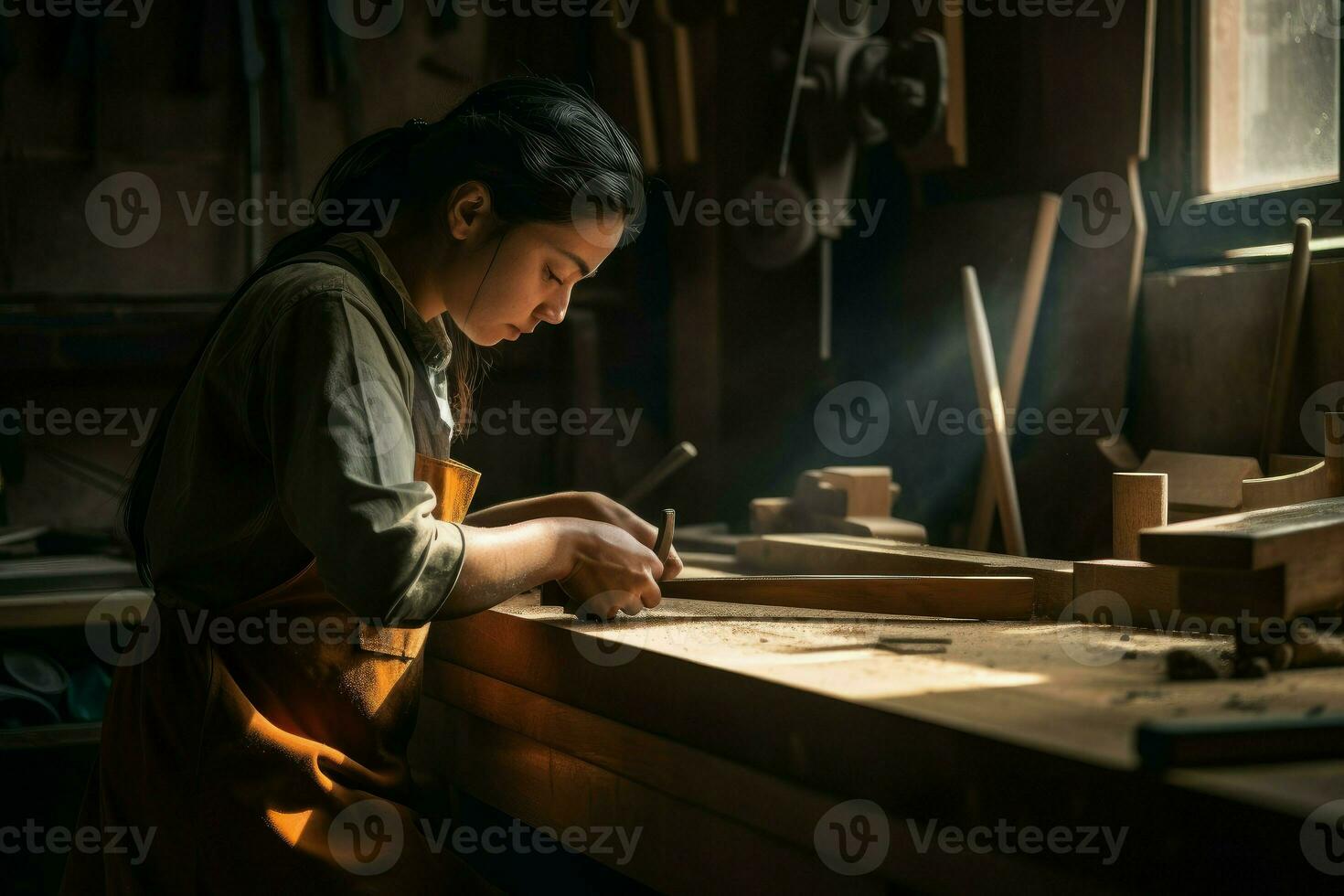 mujer taller carpintero. generar ai foto