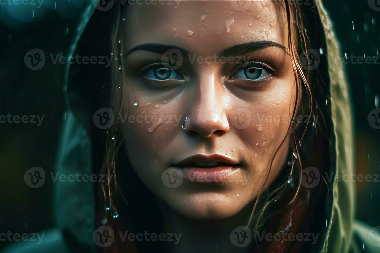 Woman face rain drops. Generate Ai photo