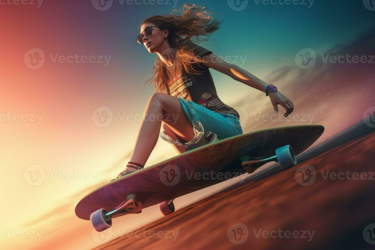 Woman surfing skateboard. Generate Ai photo