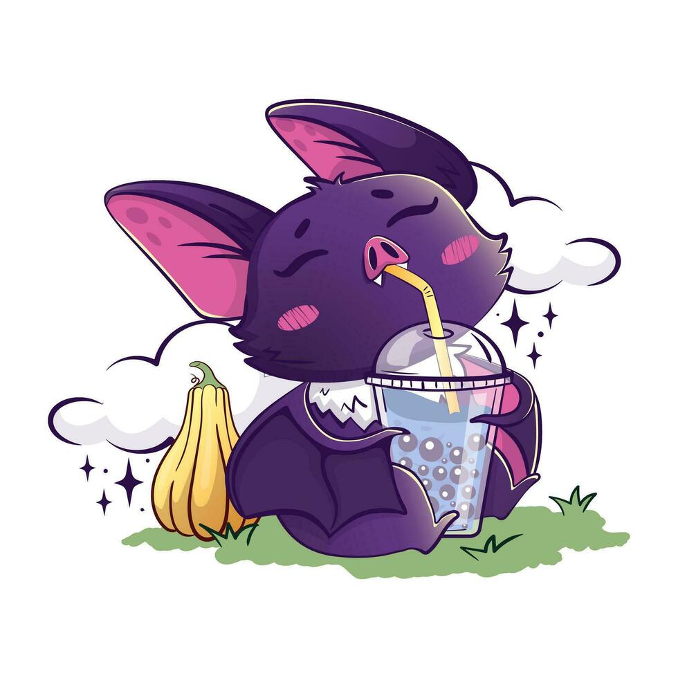 Kawaii bat drinks bubble tea in a clearing with a pumpkin vector