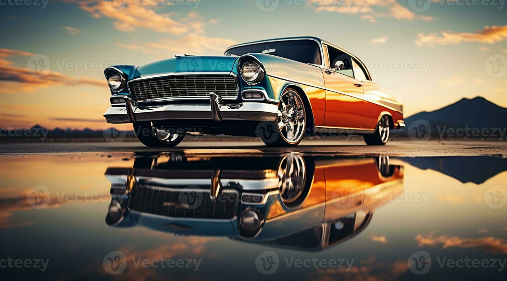 Classic american car with reflection on the water AI Generated photo