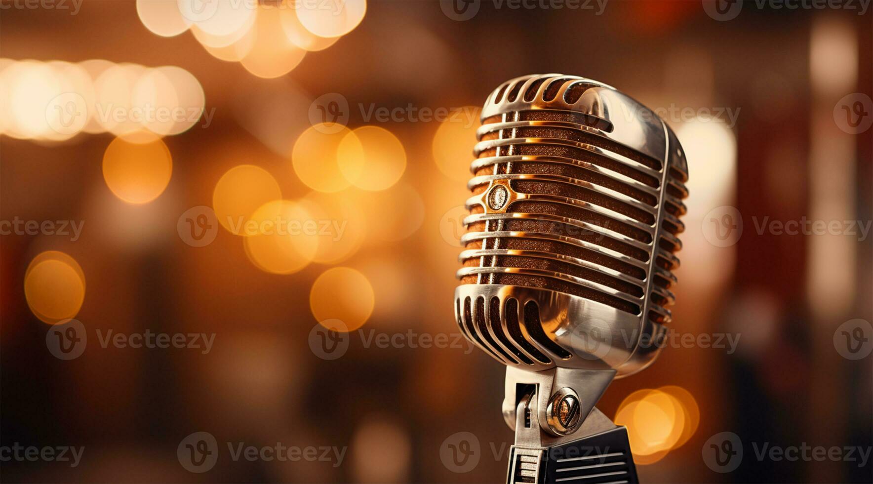 Retro microphone on stage with light bokeh background AI Generated photo