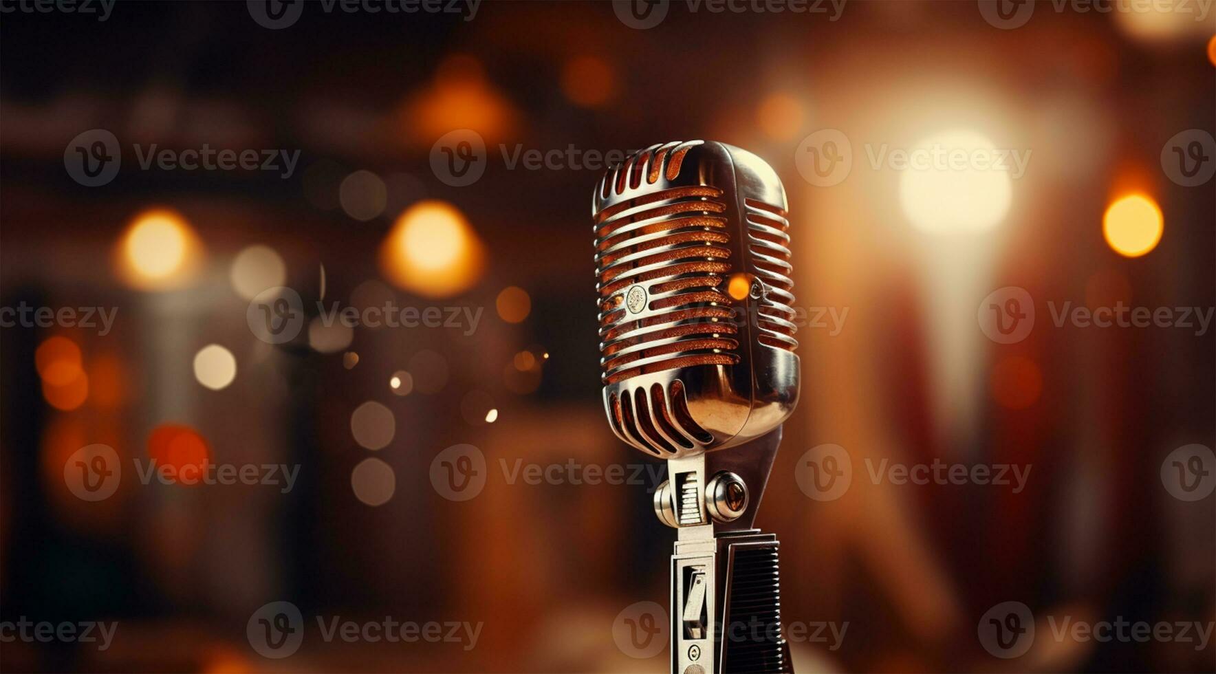 Retro microphone on stage with light bokeh background AI Generated photo