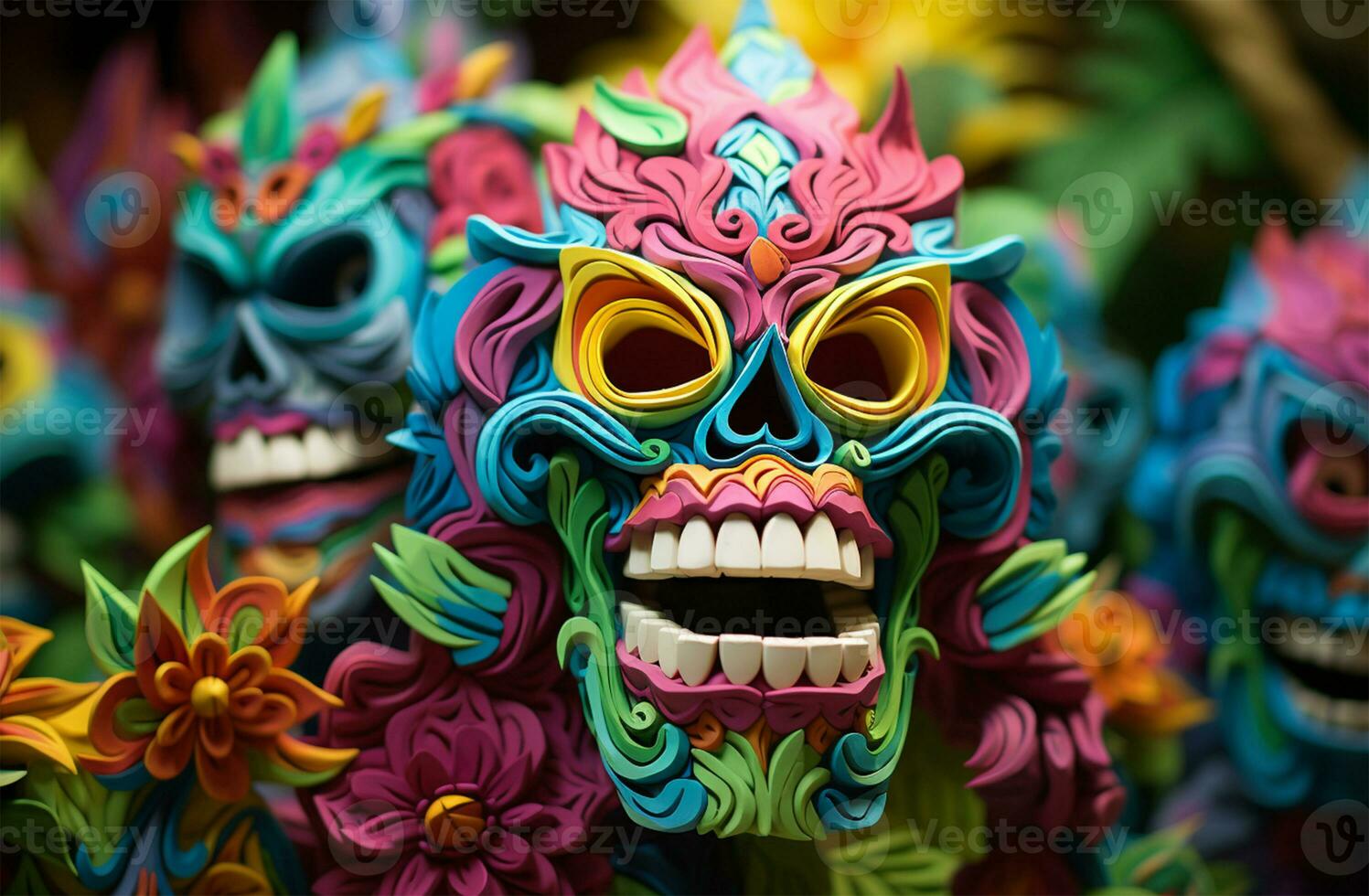 Closeup of a colorful carnival mask with flowers in the background AI Generated photo