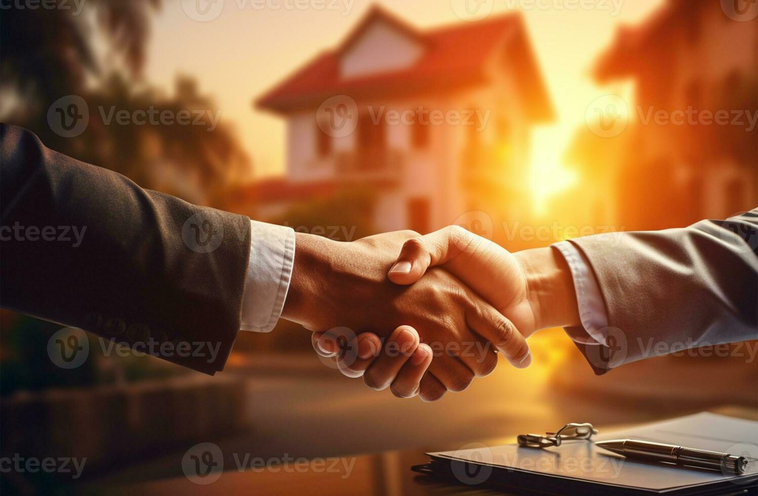 Real estate agent shaking hands with customer after signing contract in front of house AI Generated photo