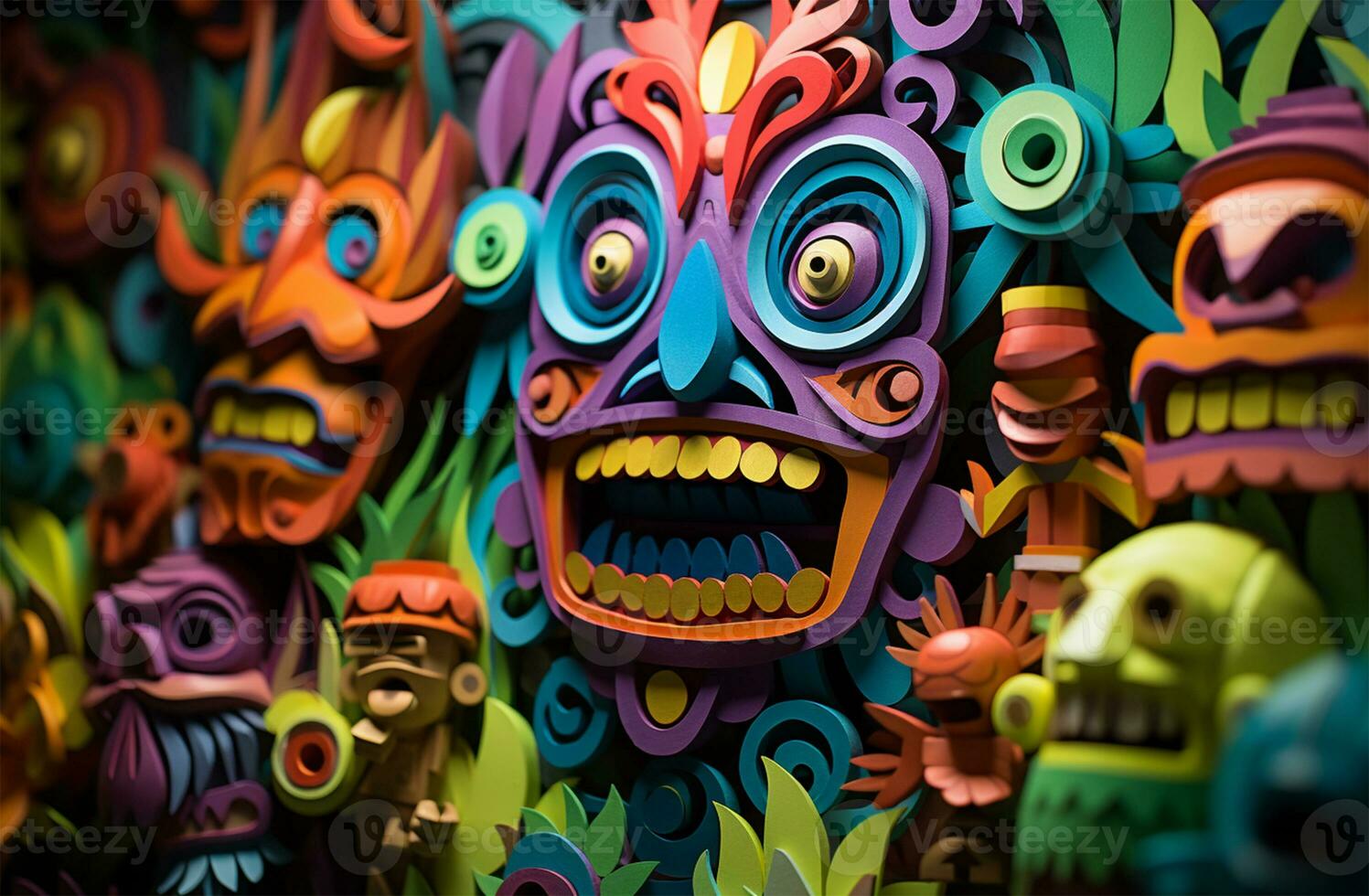 Closeup of a colorful carnival mask with flowers in the background AI Generated photo