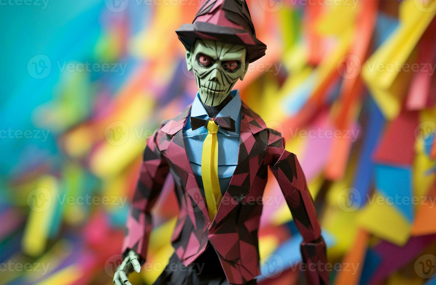 Halloween background with a scary monster and colorful paper flowers. Halloween concept AI Generated photo
