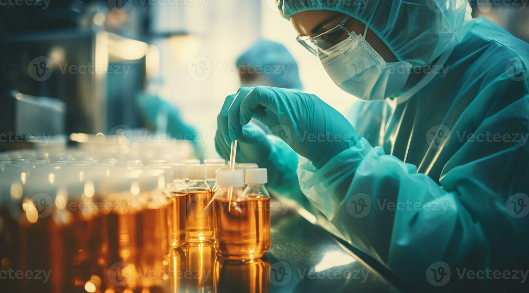 Scientist holding test tubes with yellow liquid in laboratory, closeup AI Generated photo
