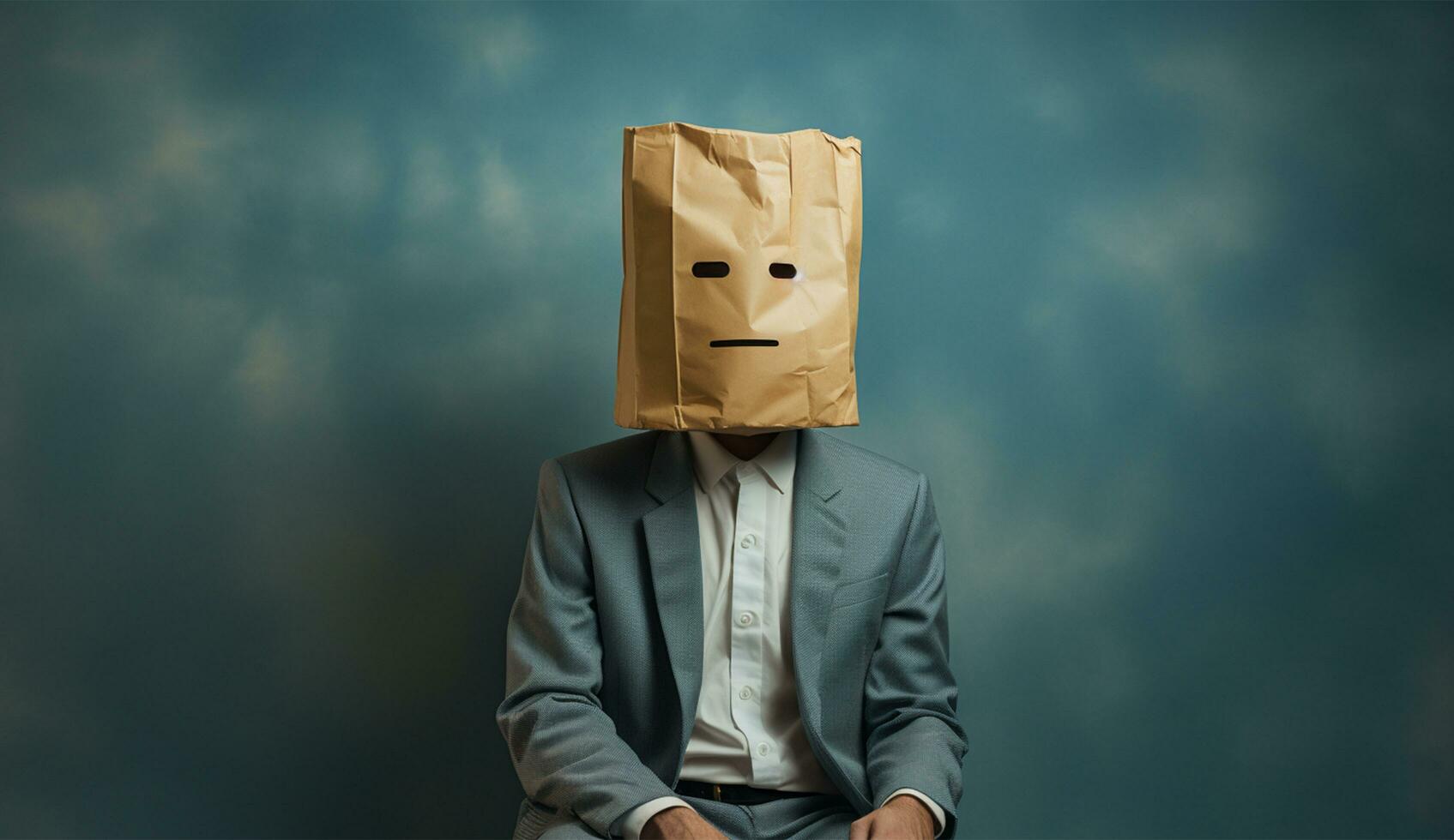 Businessman standing and gesturing with a cardboard box on his head with smiley face AI Generated photo