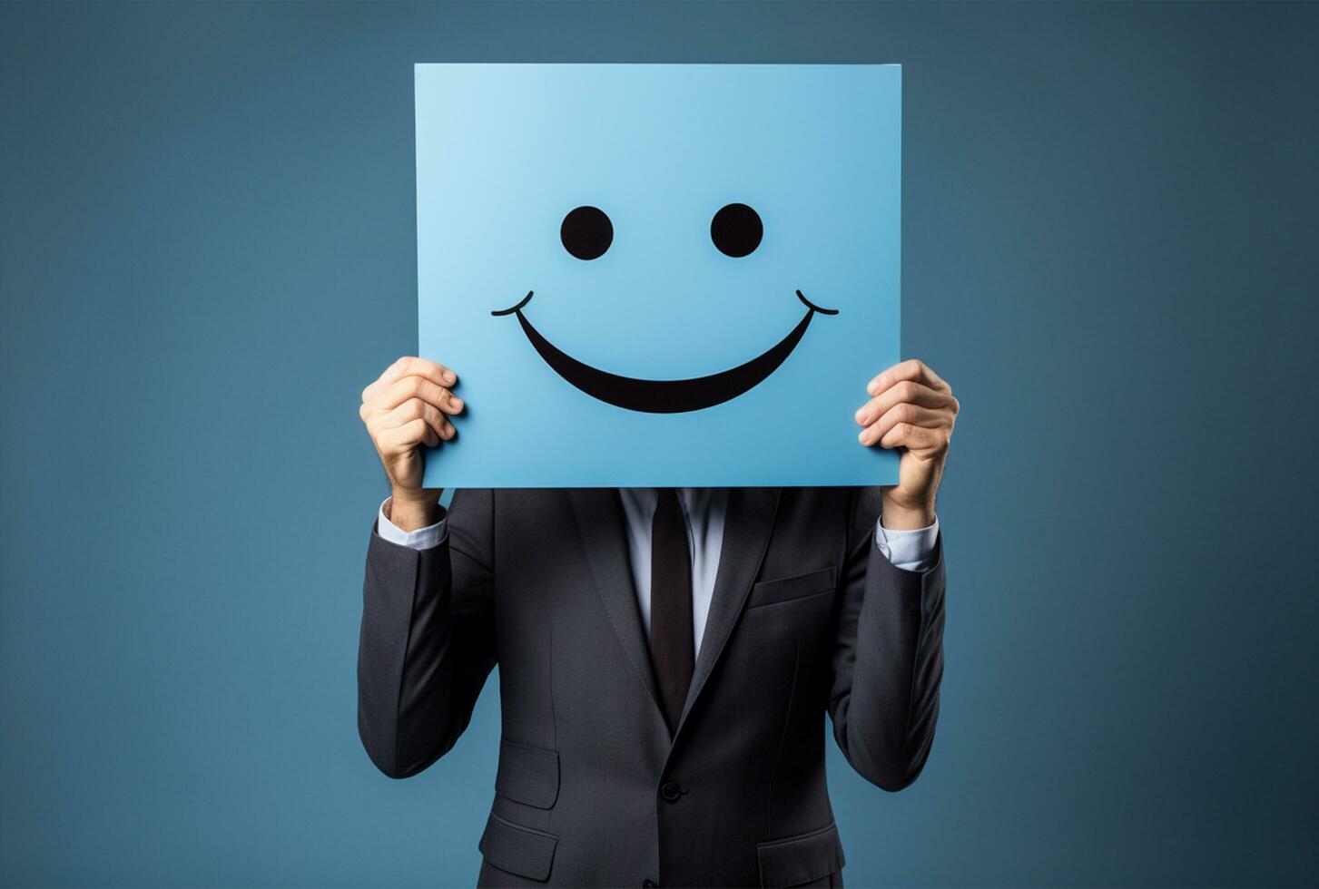 Businessman standing and gesturing with a cardboard box on his head with smiley face AI Generated photo