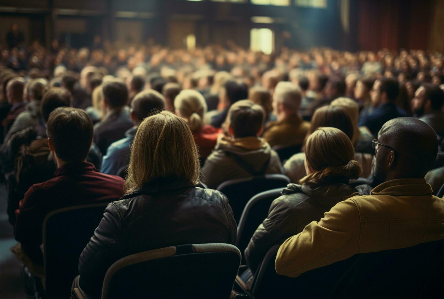 Speaker at Business Conference and Presentation. Audience in the conference hall. Rear view of unrecognizable people in audience AI Generated photo