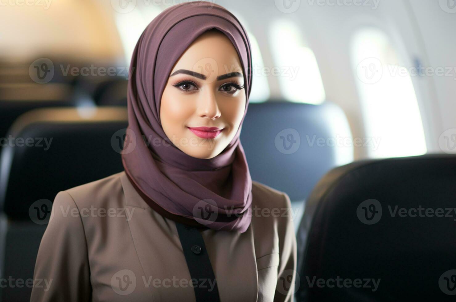 Hijab woman in airplane cabin. Travel and transportation concept AI Generated photo